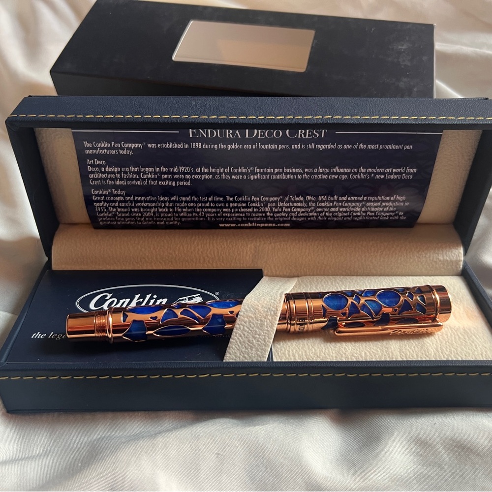 Conklin Endura Deco Crest fountain pen rose gold and blue NWT